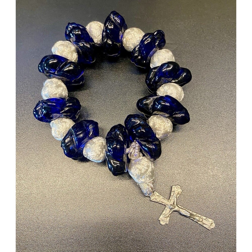 Vintage Italian Blue Murano Glass Rosary Beads Silver Tone Crucifix Handmade